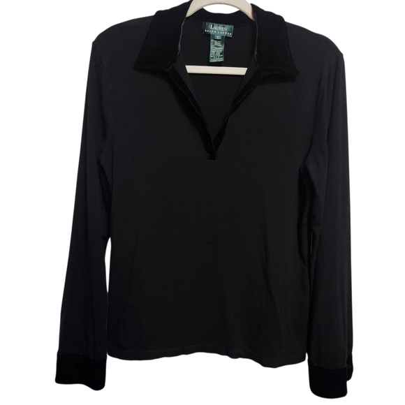 RALPH‎ LAUREN VTG Knit Top With Velvet Collar And Cuffs Black Classic Size Large - Picture 1 of 6